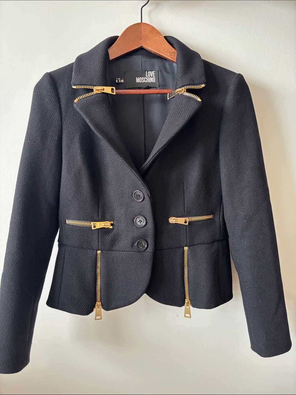Love Moschino Black Blazer with Gold Zipper Accents